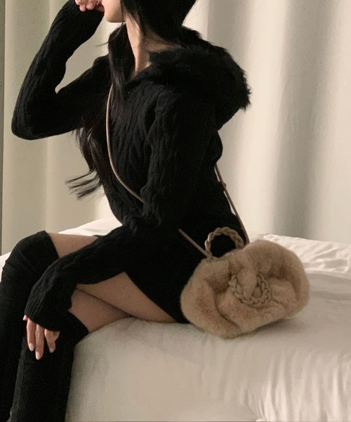 gossip!ロサンゼルス ワンピース Y2K エコファー フード ケーブル