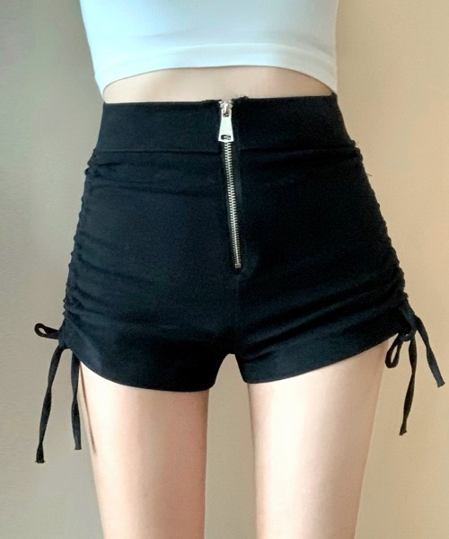 黒 ストレッチ ショートパンツ サイドファスナー付き REMUR パンツ ハイウエストフロントファスナーショートパンツ