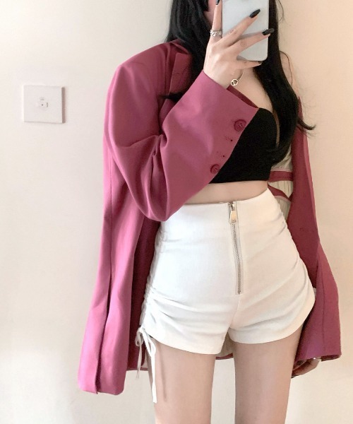 REMUR パンツ ハイウエストフロントファスナーショートパンツ