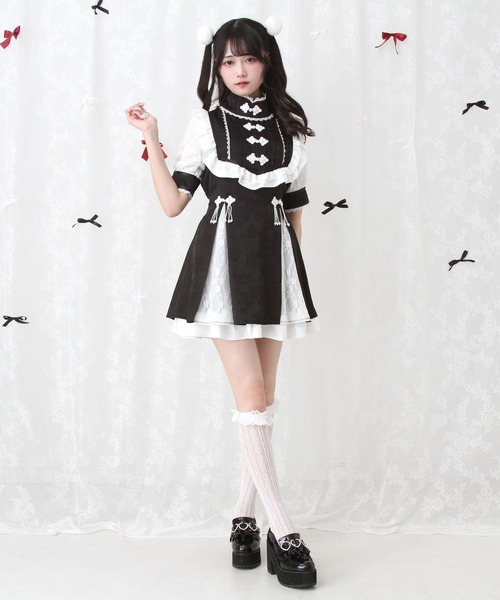 韓国 ジャガードワンピース レース フリルスタンドカラー 花柄 DearMyLove ワンピース チャイナ風ヨークレースフリルジャガード