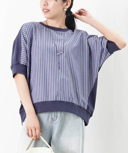 tシャツ LC/LLL ストライプ切替ドルマンT レディース