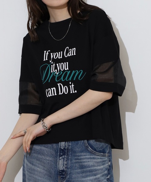 tシャツ EGLANTINE オーガンジー切替5分袖ロゴカットソー レディース