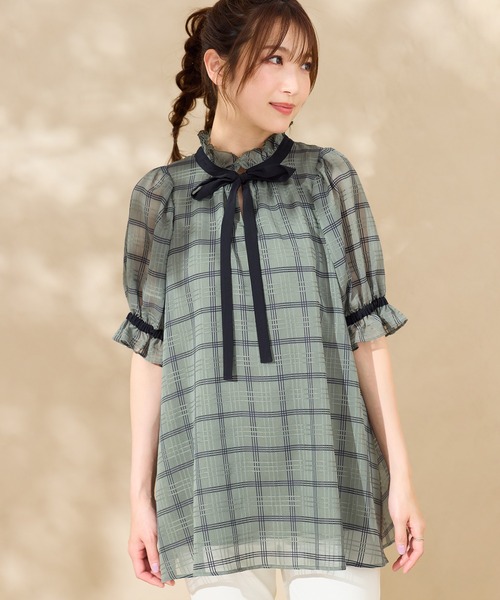 美品 ローズティアラ 46 黒 リボン シアーブラウス 半袖 Rose Tiara（ローズティアラ） ブラウス シャツ 夏 半袖 シアー
