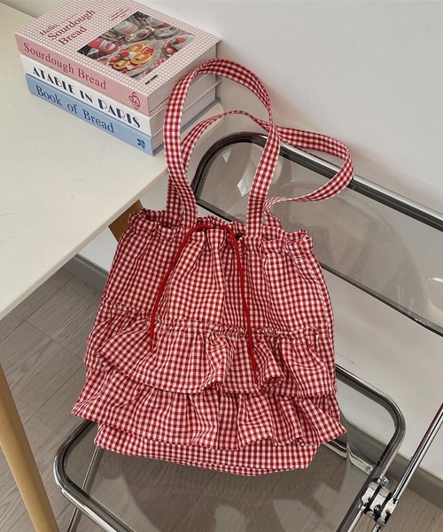 巾着トートバッグミニ　ベアチェック柄　コーデュロイ　レッド　ハンドメイド Mignonjour トートバッグ Mignonjour/フリルチェック柄トートバッグ