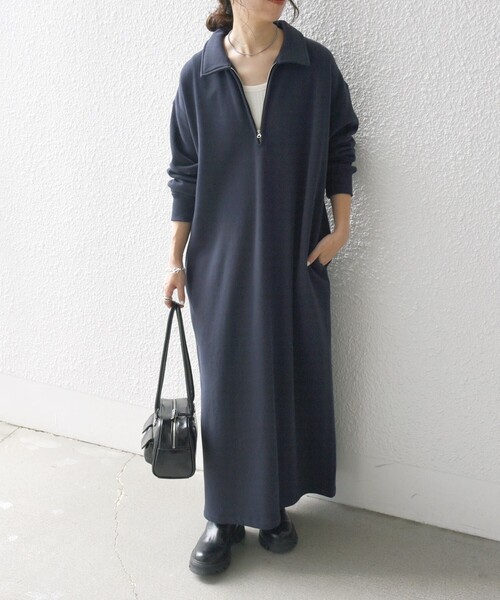 「SHIPS any」 長袖ワンピース ONE SIZE ネイビー レディース
