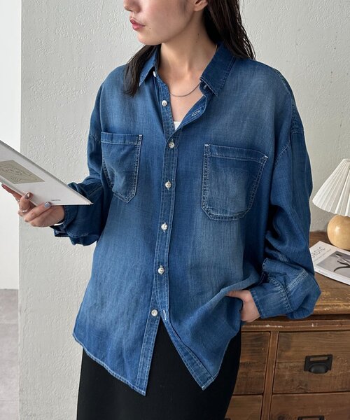新品 デニテコリエ デニムシアーシャツ F オーバーサイズシャツ ネイビーブルー 新品 デニテコリエ デニムシアーシャツ F オーバーサイズシャツ