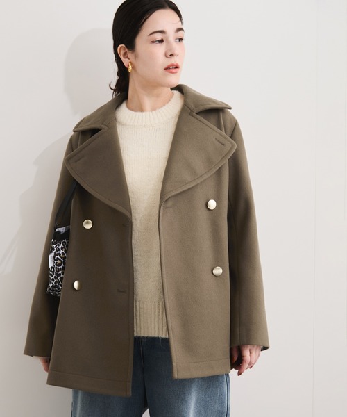 美品☆45rpm ４５アールピーエム ウール 襟ムートン メルトンPラップジャケット ショート丈コート ネイビー 2 日本製 正規品 レディース LE CERCLE par rope' ピーコート pコート ウールライクダブル