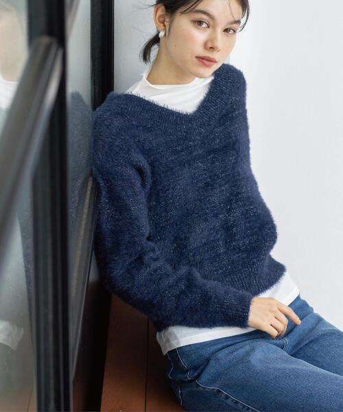 OPAQUE.CLIP ニット セーター スパンコールフェザーVネックニット