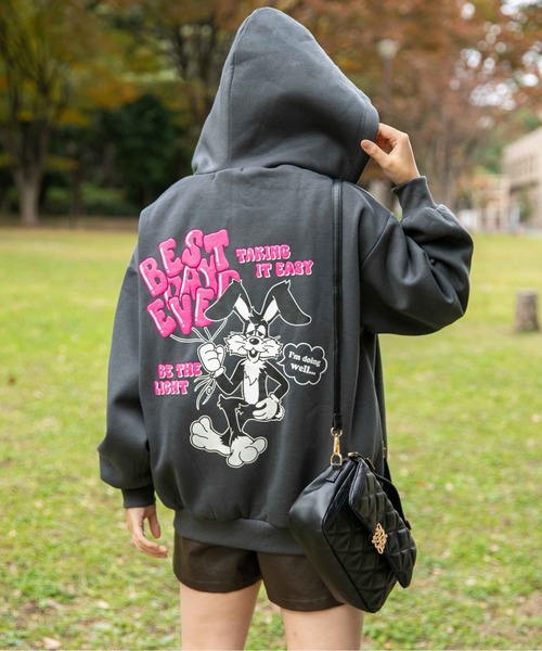 パーカー 「バックキャラ×ゆるストリート」レディース 裏起毛 ジップ