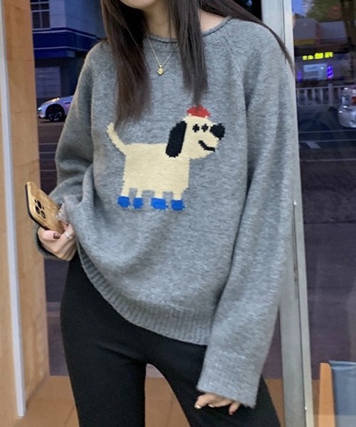 SHOUYO ニット セーター ゆる犬ジャガードニット／ゆったりシルエット