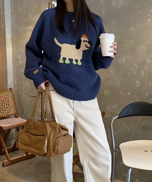 SHOUYO ニット セーター ゆる犬ジャガードニット／ゆったりシルエット