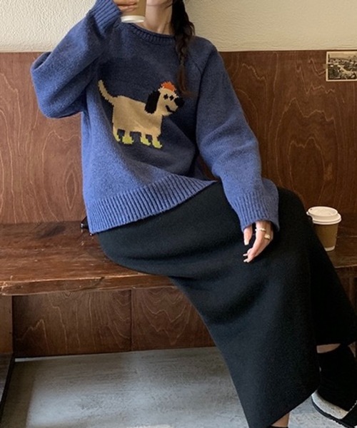 OPEN YY ネイビー 犬シルエット ニットセーター SHOUYO ニット セーター ゆる犬ジャガードニット／ゆったりシルエット