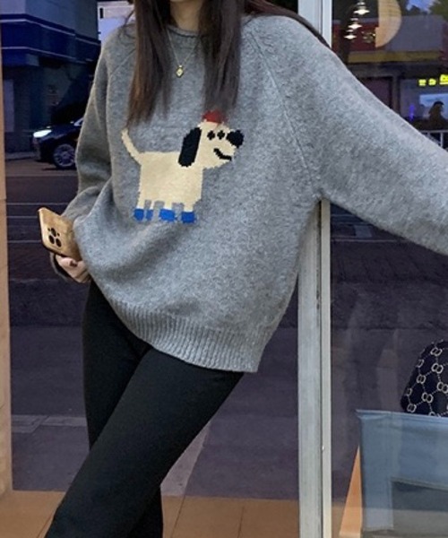 SHOUYO ニット セーター ゆる犬ジャガードニット／ゆったりシルエット
