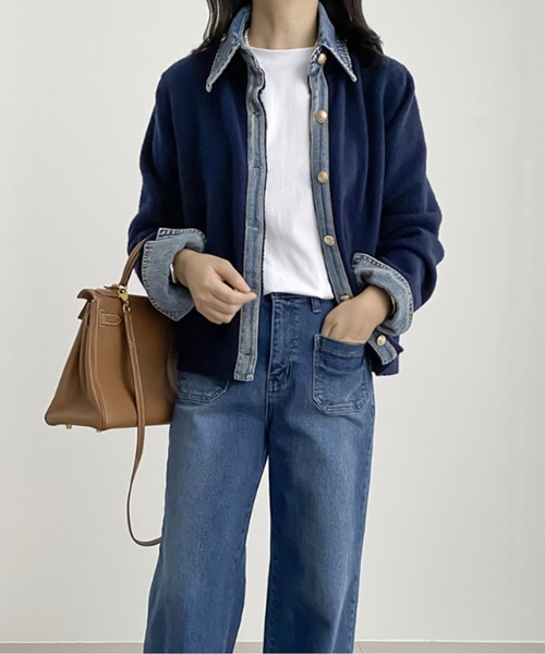 カーディガン デニムドッキングニットカーディガン レディース