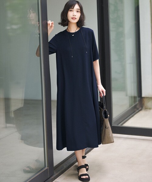 S022 45R上質モールサージのストレッチワンピース　黒45100円 23区（ニジュウサンク） ワンピース ストレッチジョーゼット フレア