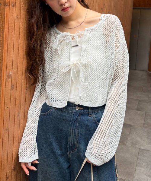 ノーソーイングニット　七分袖ボレロ風　リボン w closet（ダブルクローゼット） サマーニット ニット セーター ラメ