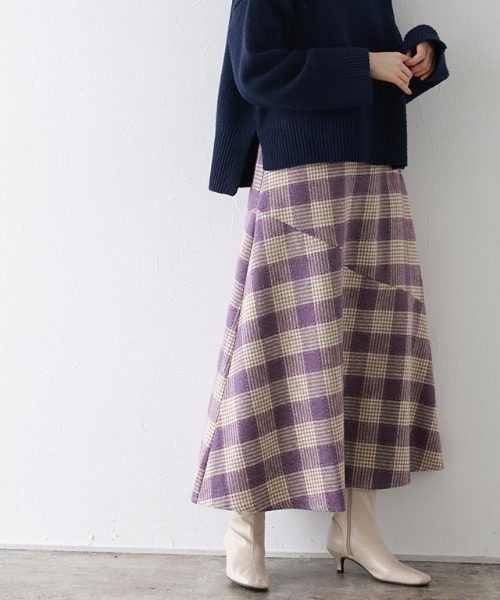 Pierrot（ピエロ） スカート ウール混チェック柄フレアスカート