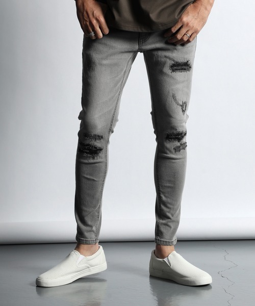 激安通販の パンツ デニム ジーンズ Damage Repair Super Skinny Denim スーパースキニー リメイクデニム Recomenda Co