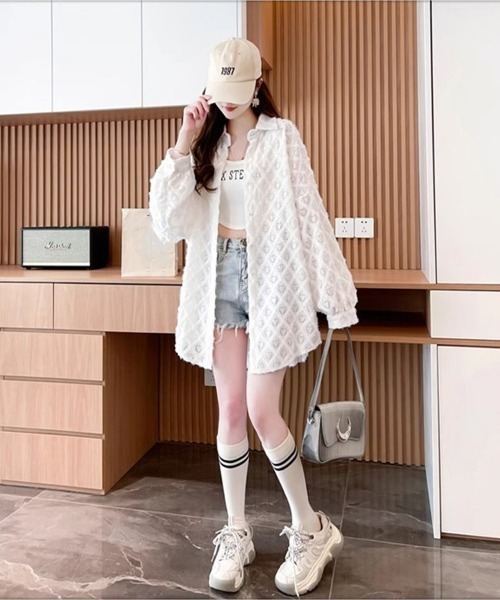 ハートジャガードシャツカーディガン春夏秋 miniministore カーディガン ハートジャガードシャツ