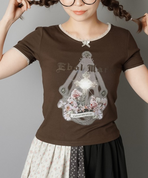 【S・Mサイズ】プリント+レースデザインTシャツ SPINNS tシャツ 半袖プリントTシャツ/レース レディース