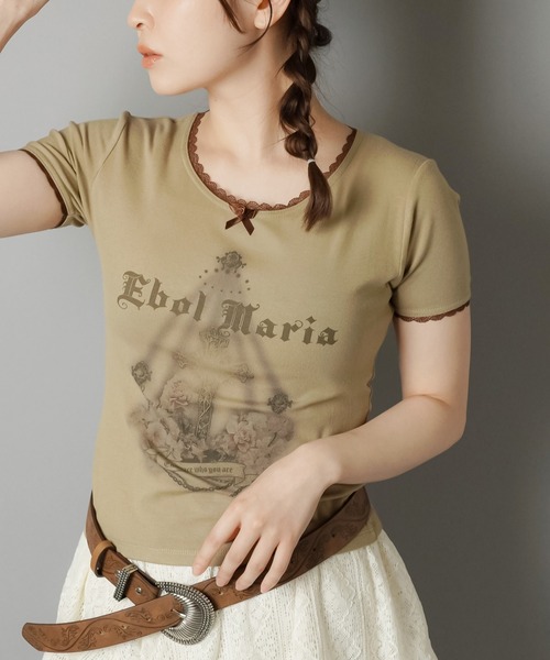 【S・Mサイズ】プリント+レースデザインTシャツ SPINNS tシャツ 半袖プリントTシャツ/レース レディース