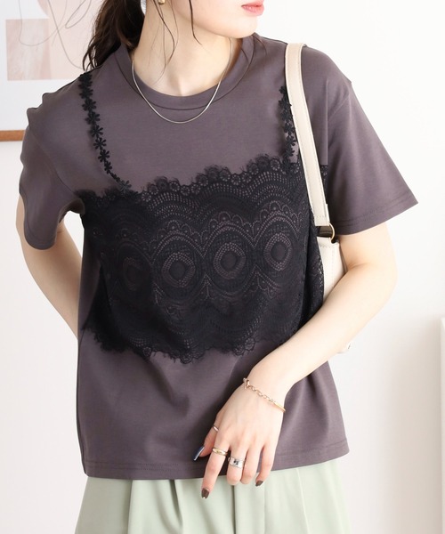 tシャツ EGLANTINE レースキャミレイヤード風半袖カットソー レディース