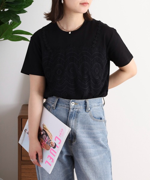tシャツ EGLANTINE レースキャミレイヤード風半袖カットソー レディース Re:EDIT レディース トップス 半袖 Tシャツ シアー チュール