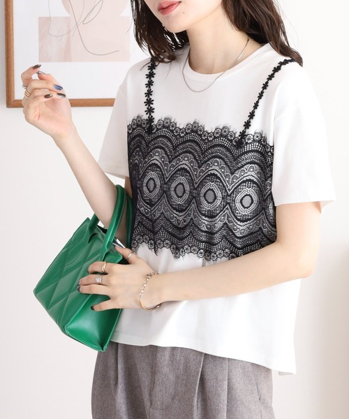 tシャツ EGLANTINE レースキャミレイヤード風半袖カットソー レディース EGLANTINE tシャツ レースキャミレイヤード風半袖カットソー