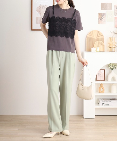 tシャツ EGLANTINE レースキャミレイヤード風半袖カットソー レディース EGLANTINE tシャツ レースキャミレイヤード風半袖カットソー