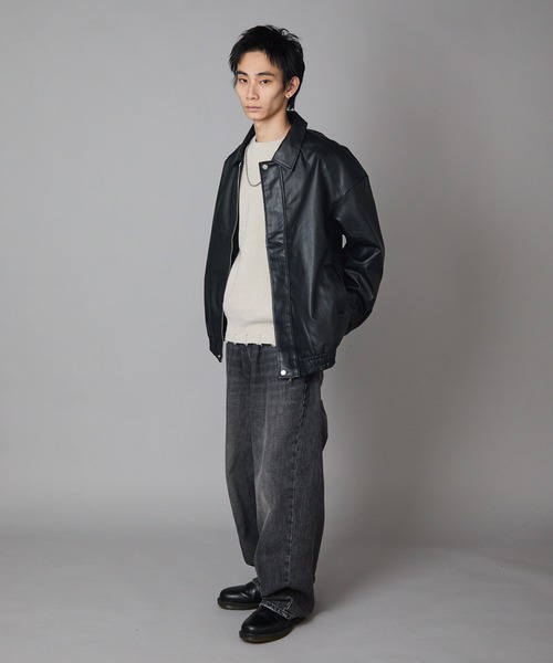 黒ブルゾンフェイクレザーブラックジャケットジップアップストリート光沢感カジュアル Theater code ブルゾン アウター Zip-Up Faux Leather Jacket/ジップ