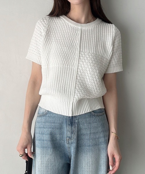 「Meiru」 半袖ニット LARGE チャコール レディース_画像2