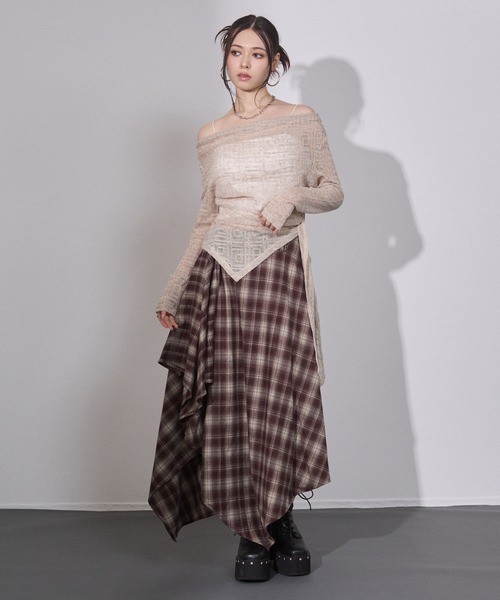 ENVYM（アンビー） ロング スカート アシメチェック ドレープスカート