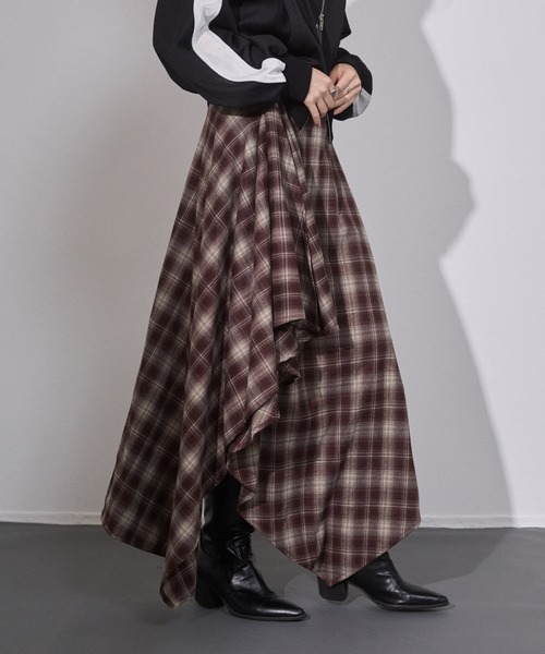 ENVYM（アンビー） スカート アシメチェック ドレープスカート