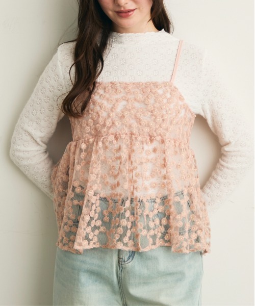 Lunea キャミソール ジャガード花柄シアービスチェ/キャミソール