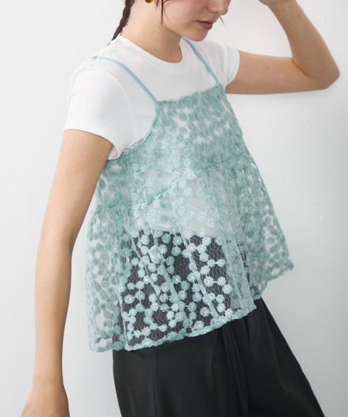 Lunea キャミソール ジャガード花柄シアービスチェ/キャミソール