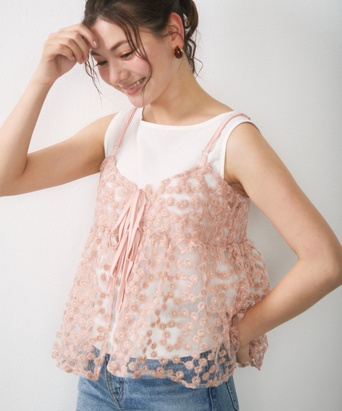 Lunea キャミソール ジャガード花柄シアービスチェ/キャミソール
