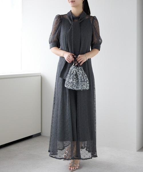 PREFERIR レースワンピース 黒　お呼ばれワンピース　結婚式 PREFERIR ドレス バックリボン レース 結婚式 パーティードレス