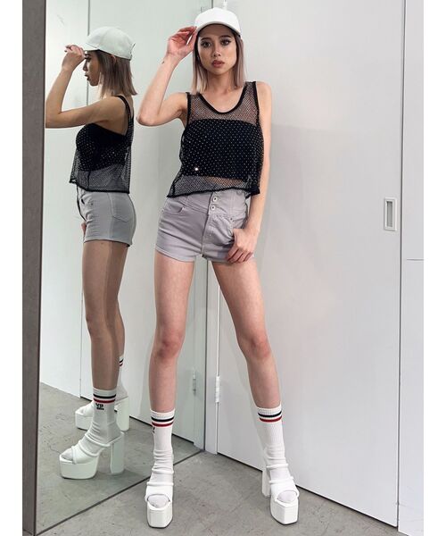 GYDA タンクトップ ノースリーブ メッシュラインストーン