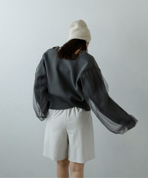 カーディガン TULLE SLEEVE KNIT CARDIGAN/チュールスリーブニットカーディガン レディース セール】TULLE SLEEVE KNIT CARDIGAN/チュールスリーブニット