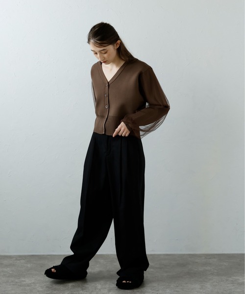 カーディガン TULLE SLEEVE KNIT CARDIGAN/チュールスリーブニットカーディガン レディース セール】TULLE SLEEVE KNIT CARDIGAN/チュールスリーブニット