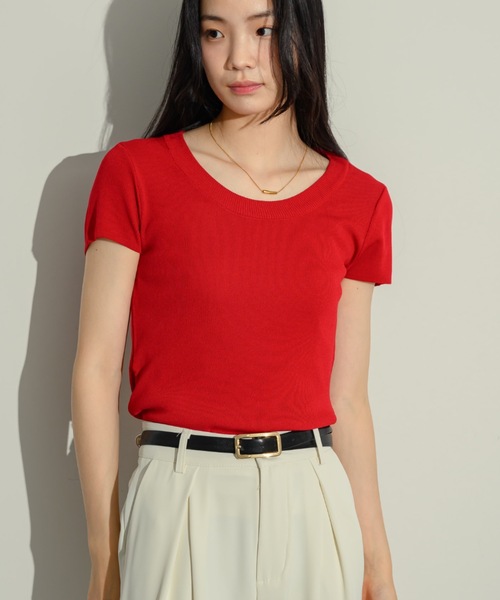 新品未使用タグ付 Cinoh クルーネックタイトニット[NAVY×RED] CINOH/チノ】別注 CREW NECK TIGHT KNIT/クルーネックタイト