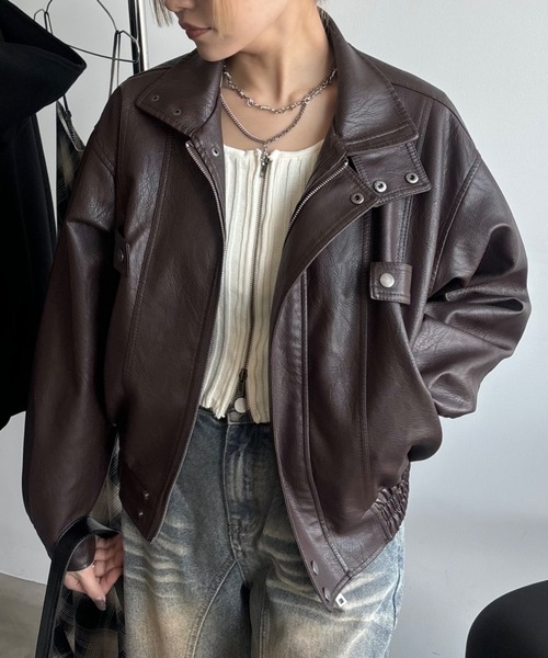 SHAGGIE ブルゾン アウター スタンドネックしわ加工レザー