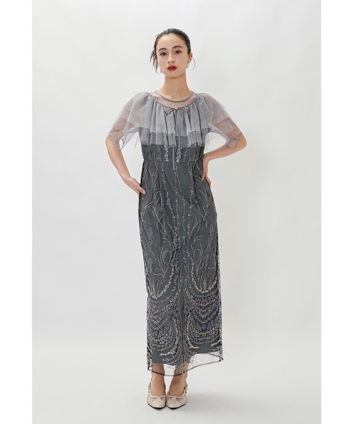 GIRL/厚手/新品◆オケージョン二次会パーティ舞台◆ネイビー刺繍レース◆ロング niana ドレス マルチケープ刺繍レースドレス 結婚式 二次会