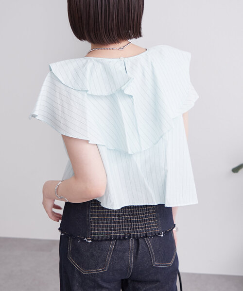 machatt マチャット　ワッフルフリルストライプブラウス　グリーン machatt マチャット ワッフルフリルストライプブラウス グリーン