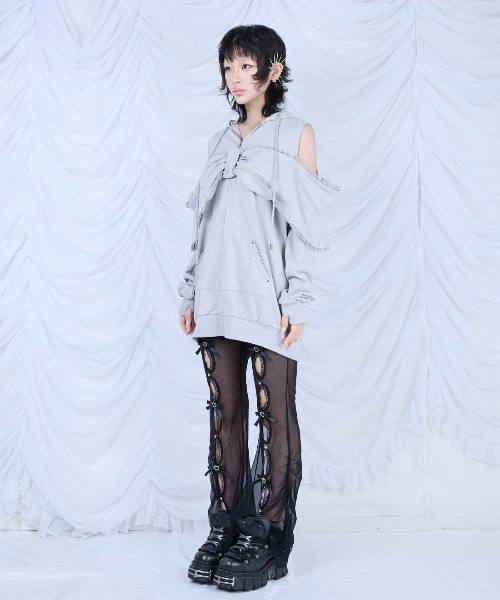 AVENCHUMU パーカー Ribbon shoulder zip hoodie oversize レディース