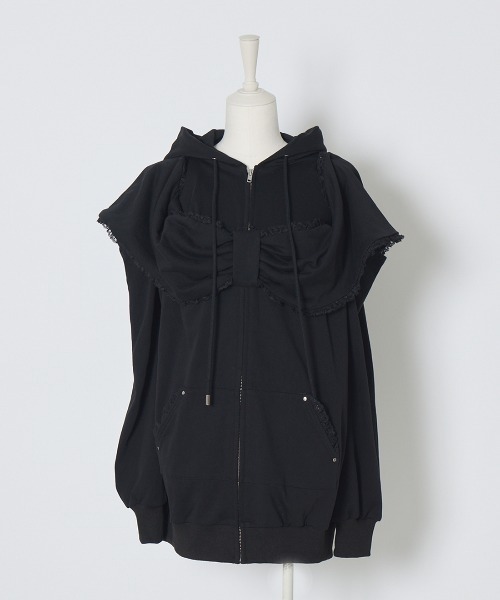 AVENCHUMU パーカー Ribbon shoulder zip hoodie oversize