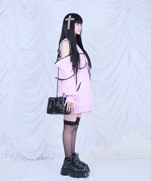 AVENCHUMU パーカー Ribbon shoulder zip hoodie oversize レディース