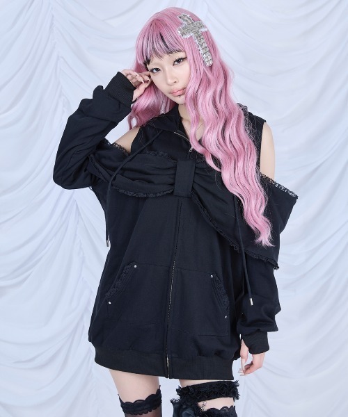AVENCHUMU パーカー Ribbon shoulder zip hoodie oversize レディース
