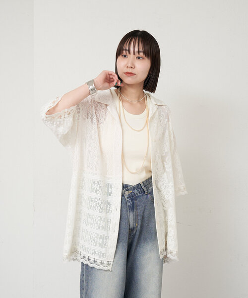 mystic ブラウス シャツ レース開襟シャツ レディース