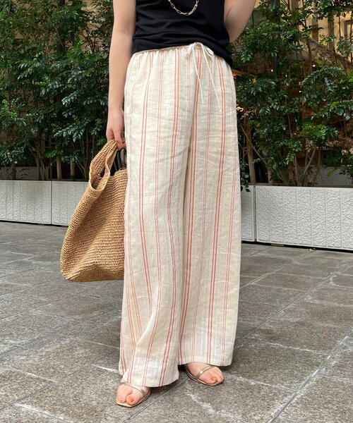 DouDou パンツ リネンレーヨンストライプパンツ レディース